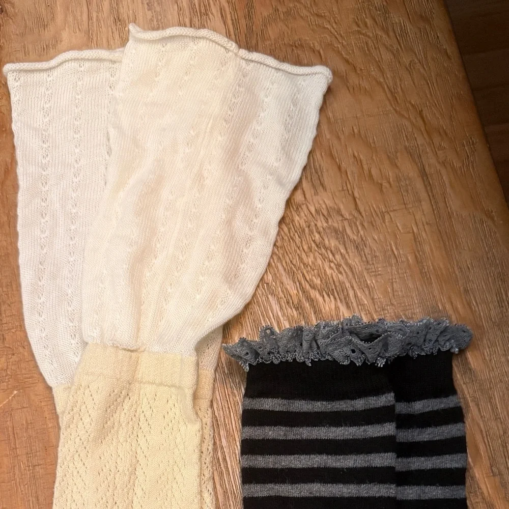 Black and Gray Striped Lace top & Cream Thigh high knit socks 2 pair academia